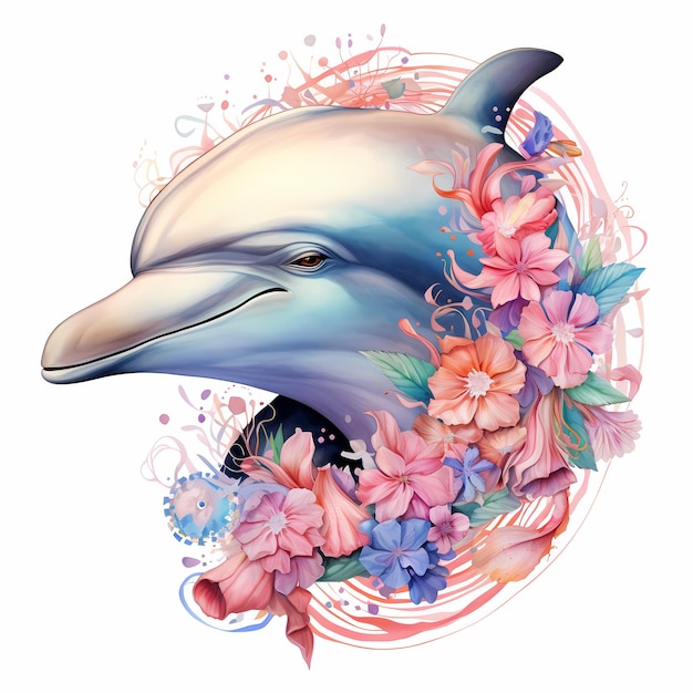 une peinture d'un dauphin avec des fleurs et un dauphin en arrière-plan