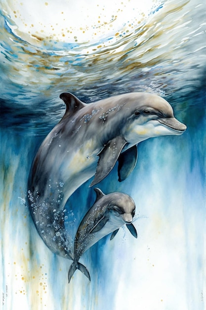 Une peinture d'un dauphin et de son bébé