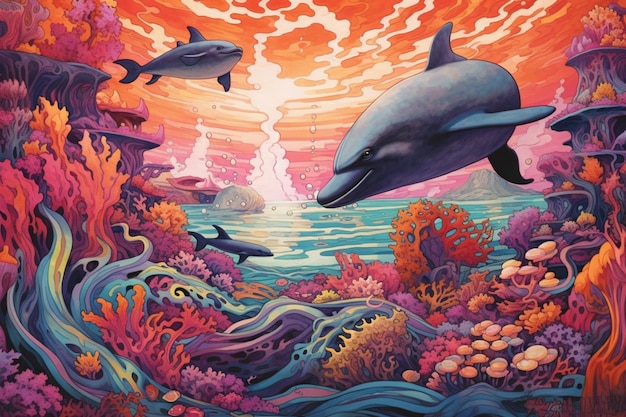 Une peinture de dauphins dans l'océan avec un fond coloré.