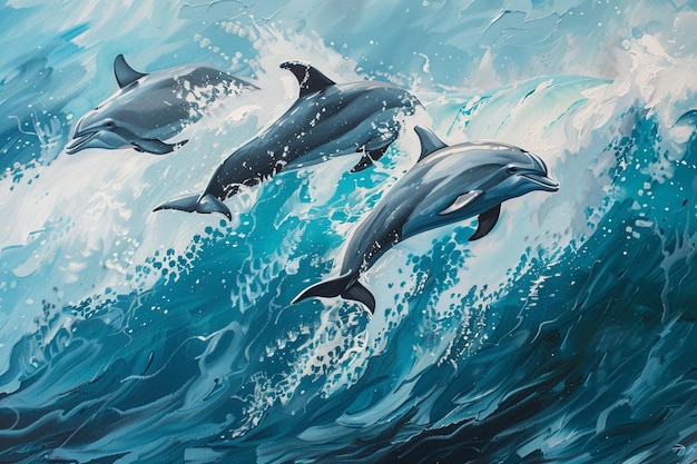 une peinture de dauphins nageant dans l'océan