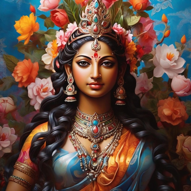 Une peinture de la déesse indienne Parvati avec un fond bleu avec une image de fleurs