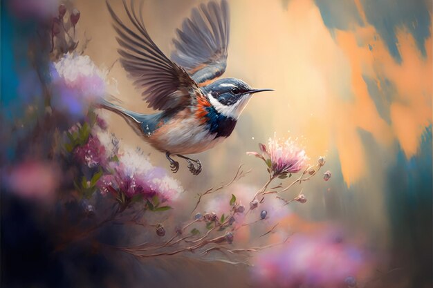 Peinture délicate avec un oiseau se posant sur les fleurs. Tons pastels. Arrière-plan flou. Art numérique.