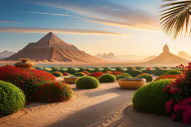 Une peinture d'un désert avec une scène du désert et un panneau qui dit "oasis du désert"