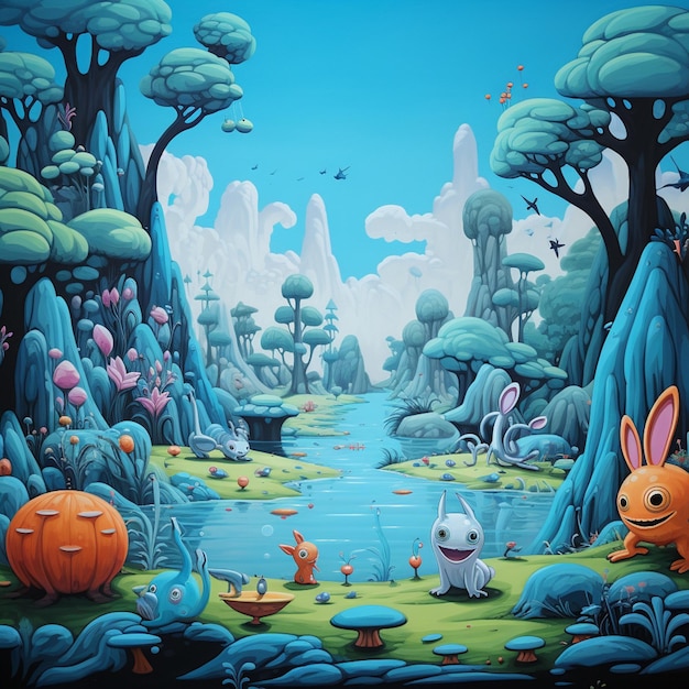 peinture de dessin animé d'une forêt avec un étang et un lapin génératif ai