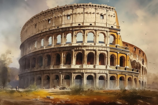 Peinture d'un dessin à l'aquarelle du colisée romain à rome