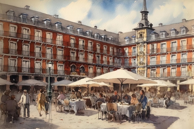 Peinture d'un dessin à l'aquarelle de la Plaza Mayor à Madrid