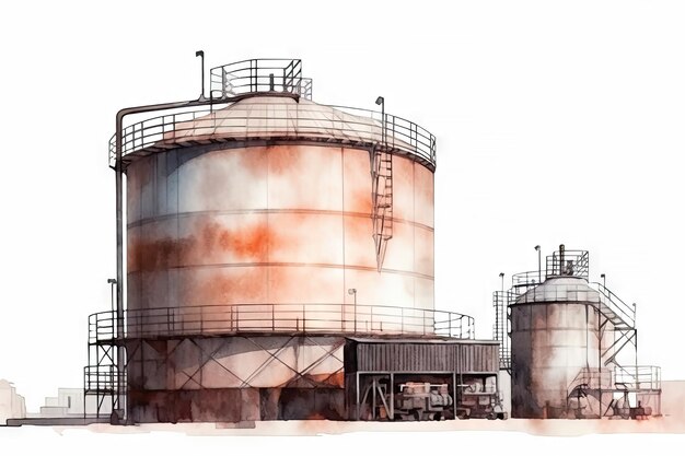 Peinture dessin aquarelle de raffinerie de zone industrielle isolée sur fond blanc avec IA générative