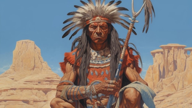 Peinture détaillée d'un chasseur de Comanche israélien dans un désert aride