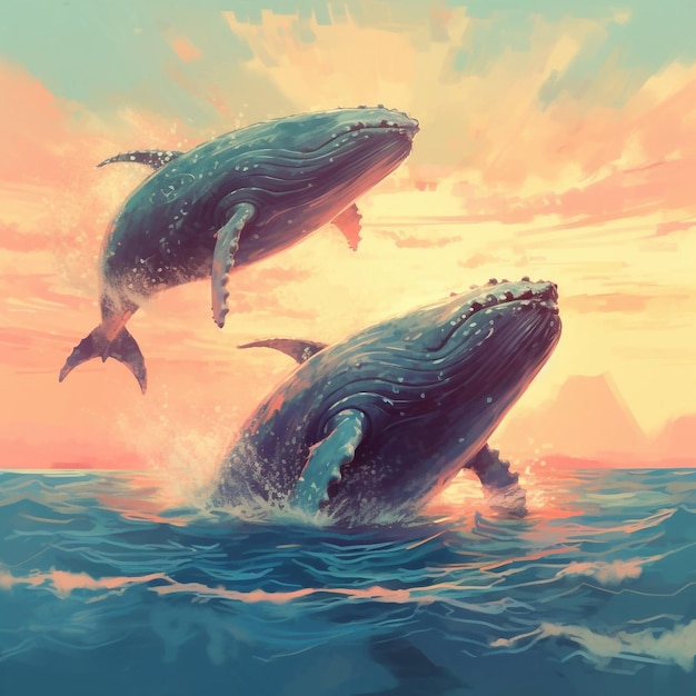 Une peinture de deux baleines sautant hors de l'eau.