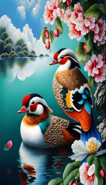 Une peinture de deux canards avec une cascade en arrière-plan.