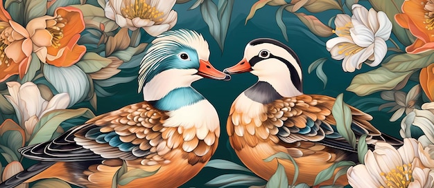 Une peinture de deux canards avec des plumes bleues et blanches sur le visage.