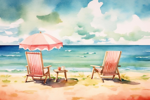 Une peinture de deux chaises de plage sur une plage avec un parapluie et une tasse de café en arrière-plan
