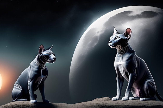 Une peinture de deux chats sur une colline avec la lune en arrière-plan.