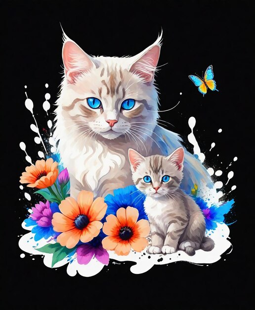 une peinture de deux chats et une fleur avec des papillons