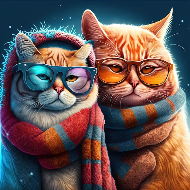 Une peinture de deux chats portant des lunettes et une écharpe.