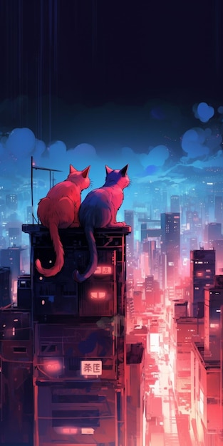 Une peinture de deux chats regardant un paysage urbain.