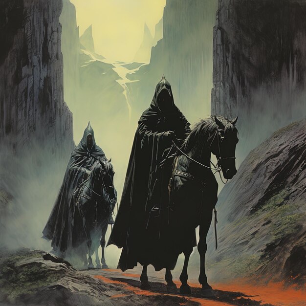 Photo une peinture de deux chevaux avec un homme sur le dos et une femme sur le dos qui s'appelle une montagne