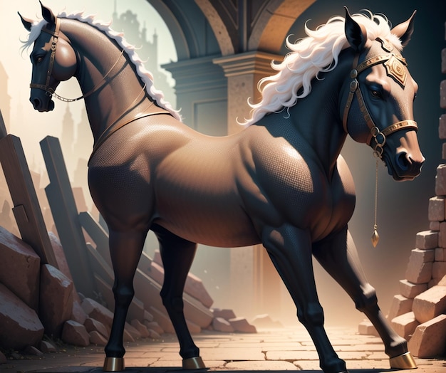 Une peinture de deux chevaux avec le mot "le mot" sur le devant.