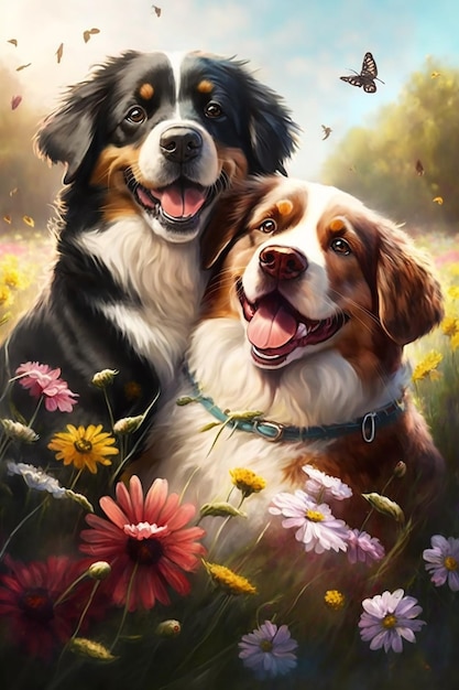 Une peinture de deux chiens dans un champ de fleurs.