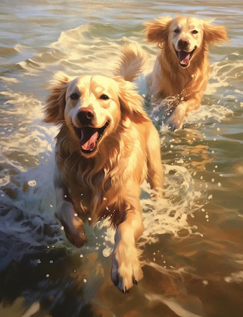 Peinture de deux chiens qui courent dans l'eau avec la bouche ouverte ai générative