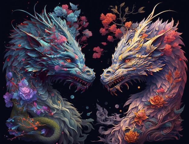 Une peinture de deux dragons avec des fleurs sur le côté gauche.