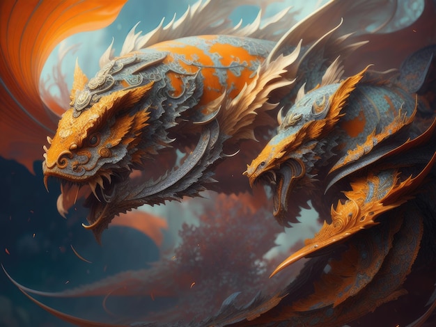 Une peinture de deux dragons avec le mot dragon dessus