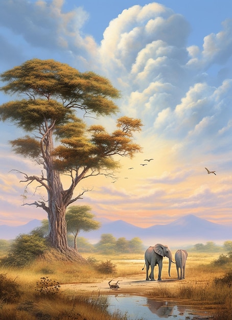 Peinture de deux éléphants debout dans un champ à côté d'un arbre ai génératif