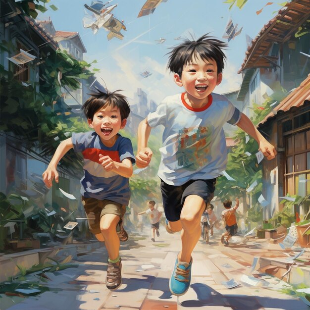 une peinture de deux enfants courant dans une rue avec un garçon qui court.