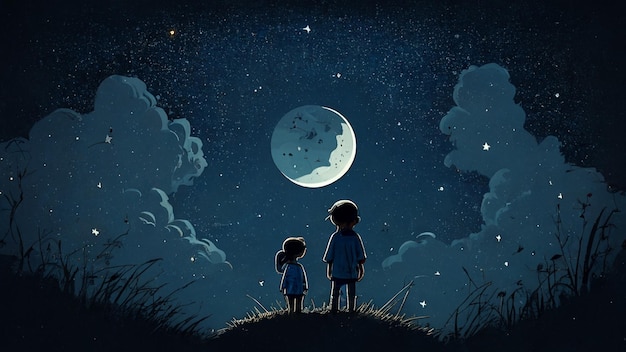 Une peinture de deux enfants regardant la lune