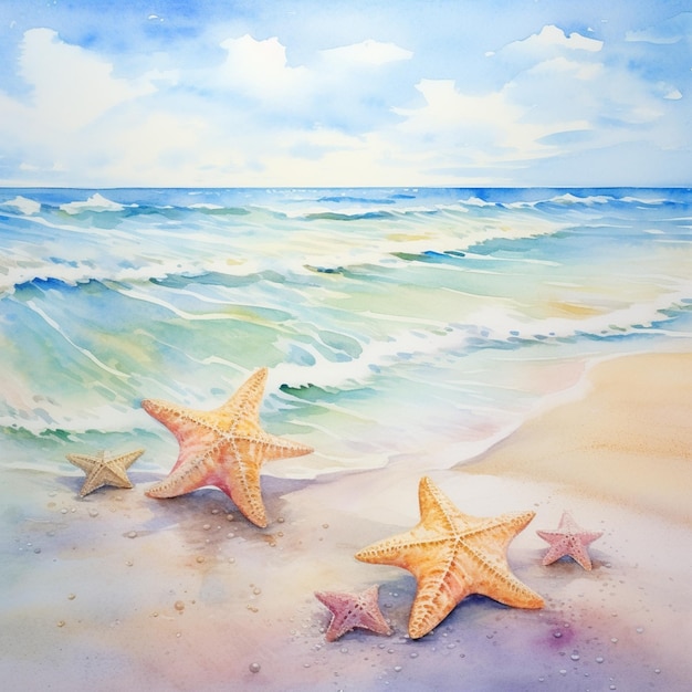 Photo peinture de deux étoiles de mer sur une plage avec des vagues en arrière-plan