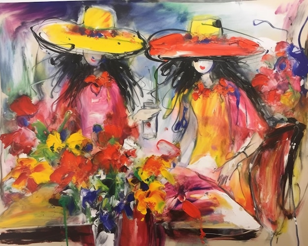 Une peinture de deux femmes avec des chapeaux et un vase de fleurs