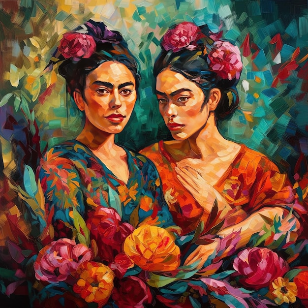 Une peinture de deux femmes dans une robe florale.