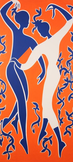 peinture de deux femmes dansant dans un motif bleu et orange génératif ai