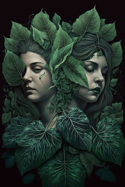 Une peinture de deux femmes avec des feuilles sur la tête.