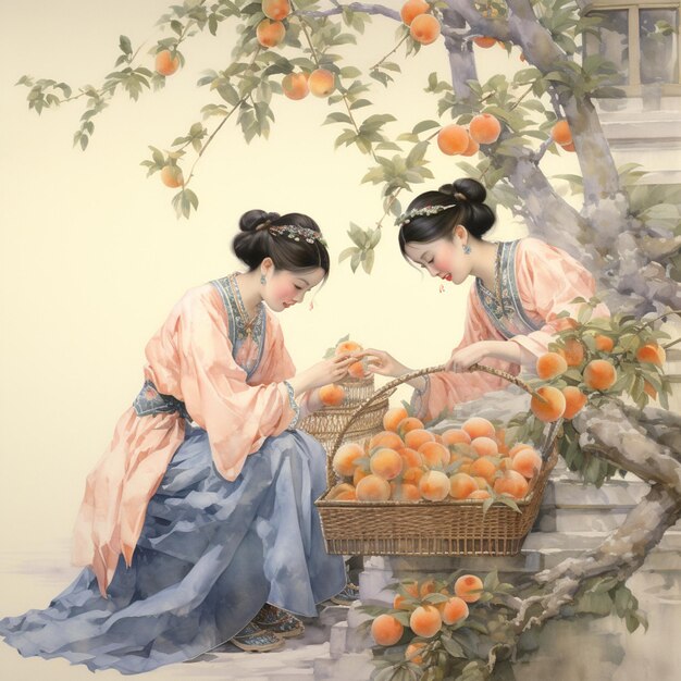 Photo peinture de deux femmes qui cueillent des oranges d'un arbre