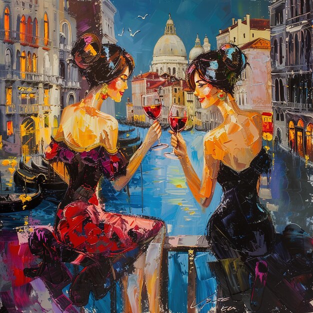 Photo une peinture de deux femmes avec un verre de vin