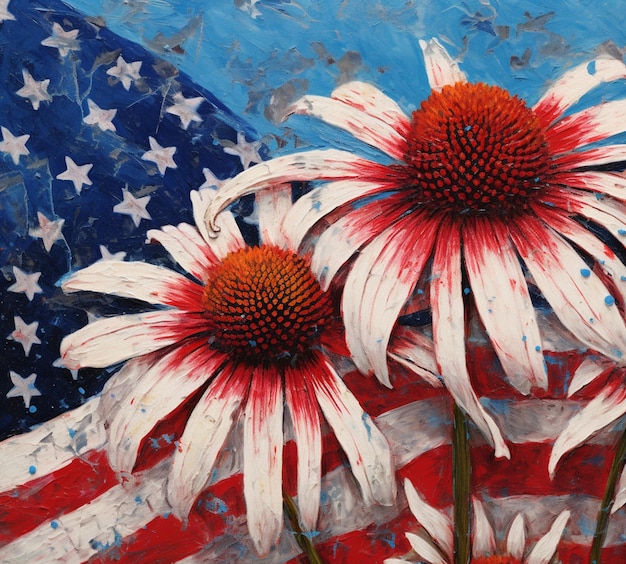 peinture de deux fleurs blanches avec des centres rouges et un fond bleu génératif ai