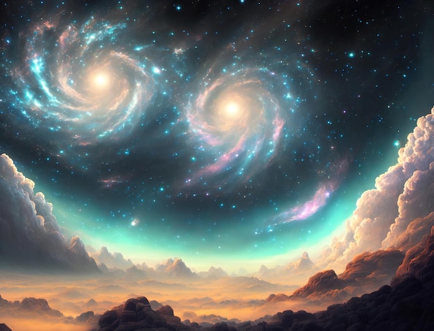 Une peinture de deux galaxies comme des étoiles au-dessus d'une montagne.