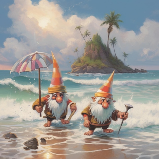 Photo peinture de deux gnomes sur la plage avec un parapluie ai génératif