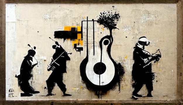 Une peinture de deux hommes jouant de la musique avec une guitare sur le mur.