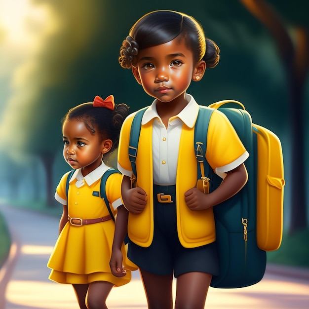 Une peinture de deux jeunes filles marchant sur une route avec les mots école sur le devant