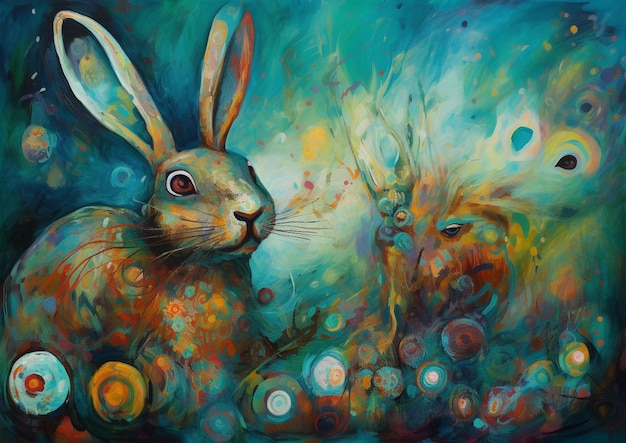Une peinture de deux lapins avec le mot lapin dessus.