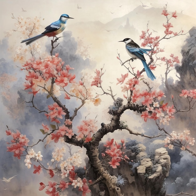 Peinture de deux oiseaux assis sur une branche d'un arbre ai génératif