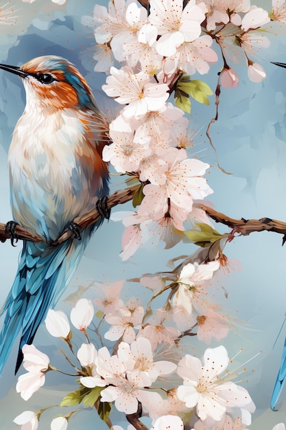 Peinture de deux oiseaux assis sur une branche d'un arbre avec des fleurs génératives ai