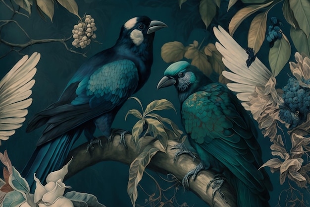 Une peinture de deux oiseaux sur une branche avec un fond bleu et un oiseau blanc sur la gauche.