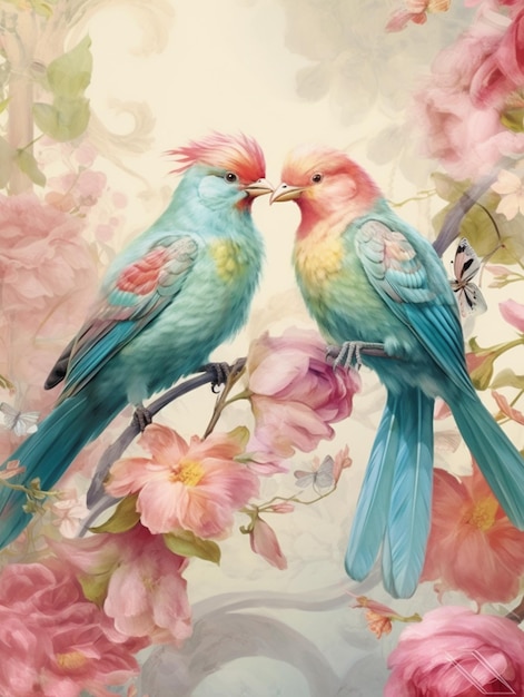 peinture de deux oiseaux colorés assis sur une branche d'un arbre génératif ai