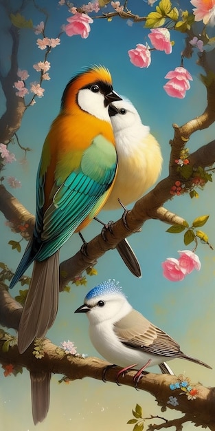 Une peinture de deux oiseaux avec une fleur rose sur le dessus.