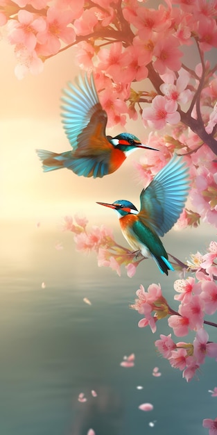 Une peinture de deux oiseaux avec des fleurs roses en arrière-plan