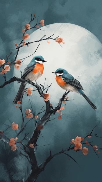 Une peinture de deux oiseaux avec des fleurs roses sur les branches.