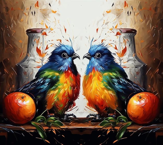 Une peinture de deux oiseaux avec une pomme rouge sur la gauche.